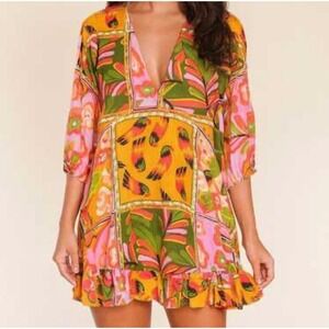 Tropical Patchwork Parrot Mini Dress Boho Resort Farm Rio Style Swim Cover XL